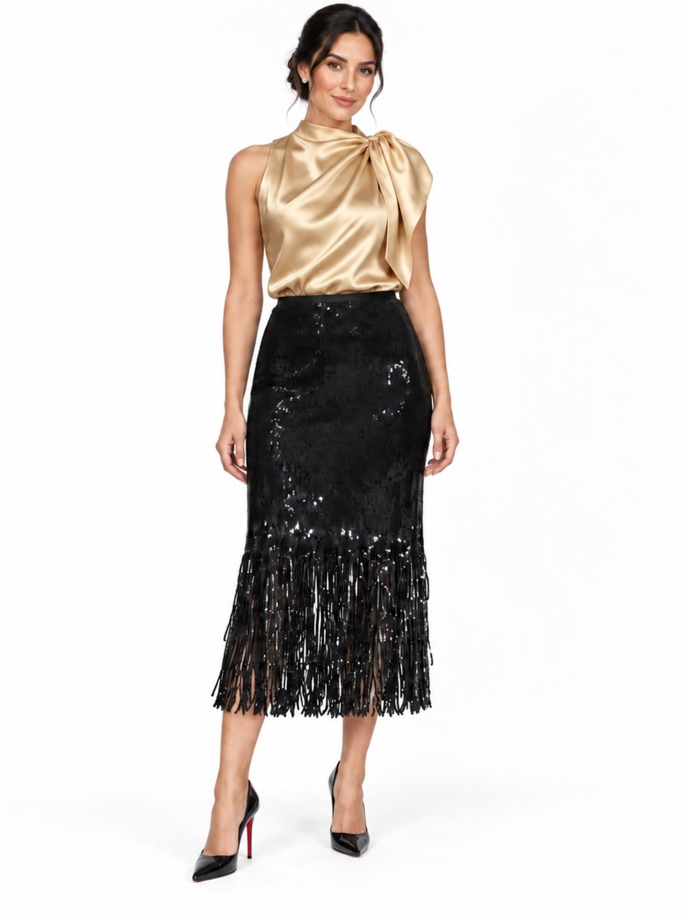 Vince Camuto SZ 8 Black Sequin Fringe Midi Skirt/waist 31ā-32ā